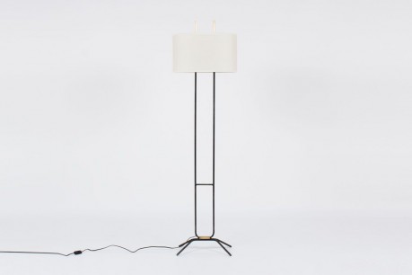Lampadaire en metal noir laiton et abat-jour blanc design minimaliste 1950