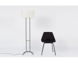 Lampadaire en metal noir laiton et abat-jour blanc design minimaliste 1950