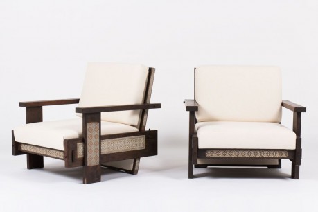 Fauteuils en teck teinte tissu lin beige design africain 1950 set de 2