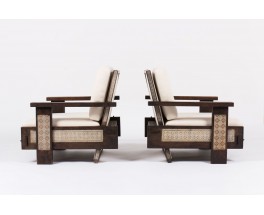 Fauteuils en teck teinte tissu lin beige design africain 1950 set de 2