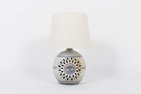 Lampe soleil bleu en ceramique abat-jour blanc 1950