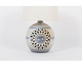 Lampe soleil bleu en ceramique abat-jour blanc 1950