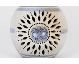 Lampe soleil bleu en ceramique abat-jour blanc 1950