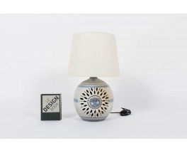 Lampe soleil bleu en ceramique abat-jour blanc 1950