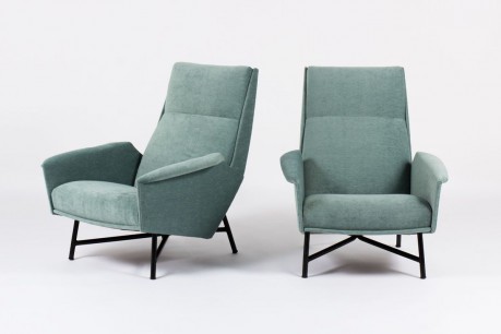 Fauteuils Claude Vassal velours bleu edition Claude Delor 1950 set de 2
