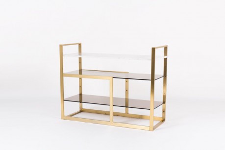 Console laiton marbre de Carrare blanc et verre fumé 1950