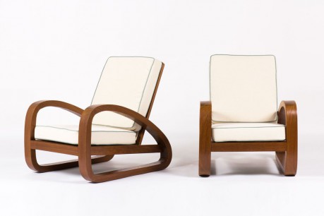 Fauteuils style colonial en acajou et tissu lin beige 1950 set de 2