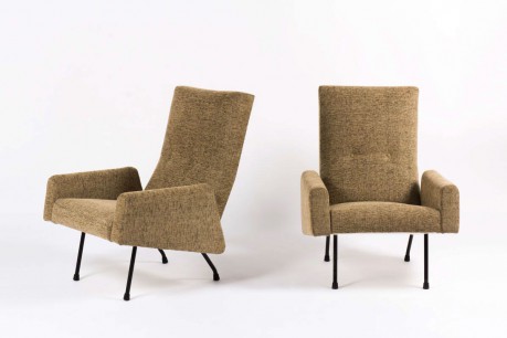 Fauteuils Louis Paolozzi tissu marron edition Zol 1950 set de 2