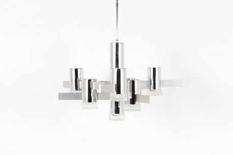 Suspension Gaetano Sciolari en metal chrome et globe en verre design italien 1970