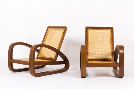 Fauteuils style colonial en acajou et cannage 1950 set de 2