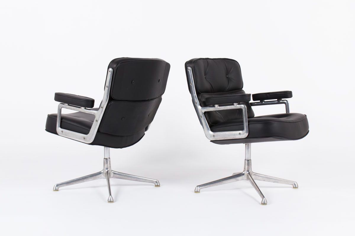 Fauteuils de bureau Eames modele Lobby ES 108 en cuir noir edition Herman Miller 1960 set de 2