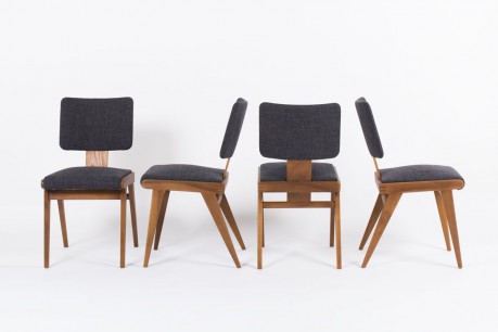 Chaises Andre Sornay acajou tissu chine gris noir 1950 set de 4