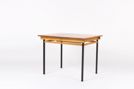 Table de repas avec rallonges a lattes de frene et rotin design espagnol 1950