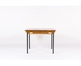 Table de repas avec rallonges a lattes de frene et rotin design espagnol 1950