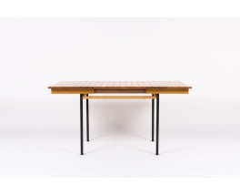 Table de repas avec rallonges a lattes de frene et rotin design espagnol 1950