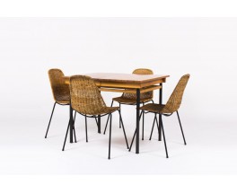 Table de repas avec rallonges a lattes de frene et rotin design espagnol 1950