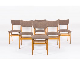 Chaises en chene massif et tissu marron 1950 set de 6