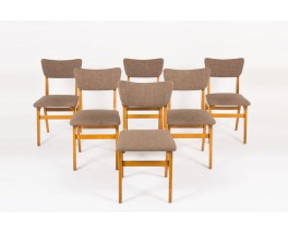 Chaises en chene massif et tissu marron 1950 set de 6