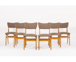 Chaises en chene massif et tissu marron 1950 set de 6