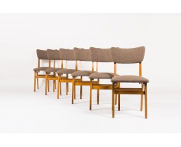 Chaises en chene massif et tissu marron 1950 set de 6