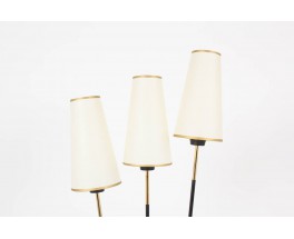 Lampadaire 3 bras structure en metal noir et laiton abat-jours beige edition Arlus 1950