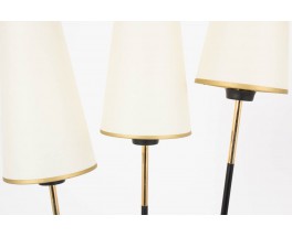 Lampadaire 3 bras structure en metal noir et laiton abat-jours beige edition Arlus 1950