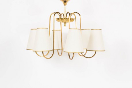 Suspension en laiton 6 feux avec abat-jours beige 1950