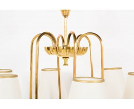 Suspension en laiton 6 feux avec abat-jours beige 1950