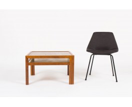 Table basse carree Andre Sornay en hetre teinte et plateau chene 1960