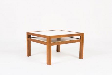 Table basse carree Andre Sornay en hetre teinte et plateau stratifie blanc 1960