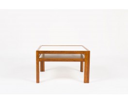 Table basse carree Andre Sornay en hetre teinte et plateau stratifie blanc 1960