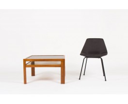 Table basse carree Andre Sornay en hetre teinte et plateau stratifie noir 1960