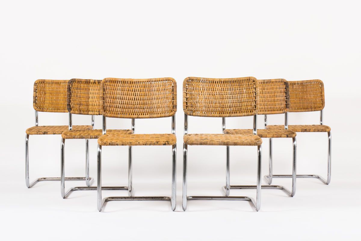Chaises en chrome et rotin design suisse 1970 set de 6