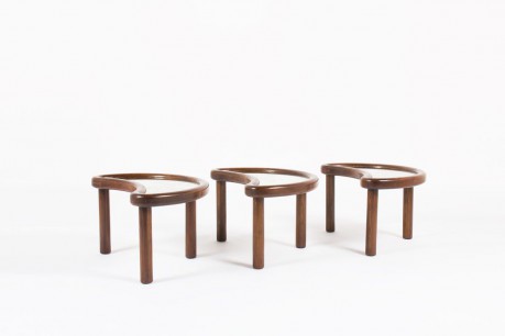 Tables basses modele Haricot chene et plateau en miroir oxyde design Italien 1950 set de 3