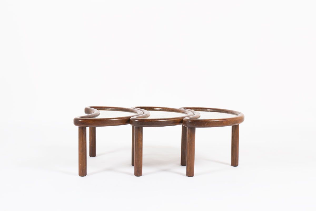 Tables basses modele Haricot chene et plateau en miroir oxyde design Italien 1950 set de 3