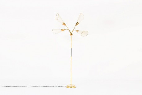 Lampadaire en laiton 4 bras articules abat-jours beige 1950