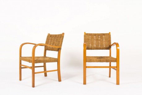 Fauteuils bridges en hetre et cordes 1950 set de 2