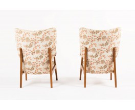 Fauteuils en chene tissu beige et rose pale 1950 set de 2