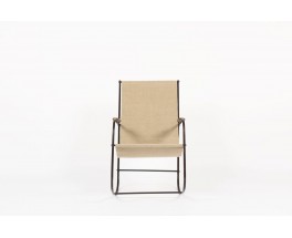 Rocking chair en metal patine et lin beige 1950