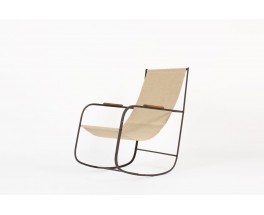 Rocking chair en metal patine et lin beige 1950