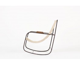 Rocking chair en metal patine et lin beige 1950