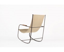 Rocking chair en metal patine et lin beige 1950