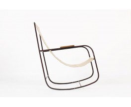 Rocking chair en metal patine et lin beige 1950