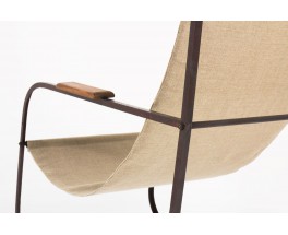 Rocking chair en metal patine et lin beige 1950