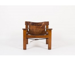 Fauteuil Bernt Petersen en pin et cuir patine marron design danois 1970