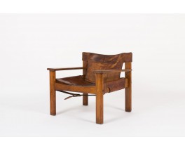 Fauteuil Bernt Petersen en pin et cuir patine marron design danois 1970