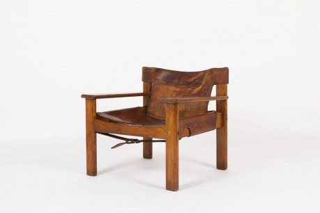 Fauteuil Bernt Petersen en pin et cuir patine marron design danois 1970