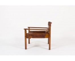 Fauteuil Bernt Petersen en pin et cuir patine marron design danois 1970