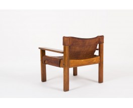 Fauteuil Bernt Petersen en pin et cuir patine marron design danois 1970