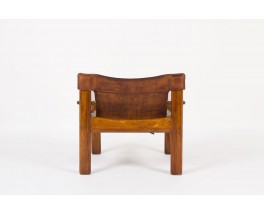 Fauteuil Bernt Petersen en pin et cuir patine marron design danois 1970